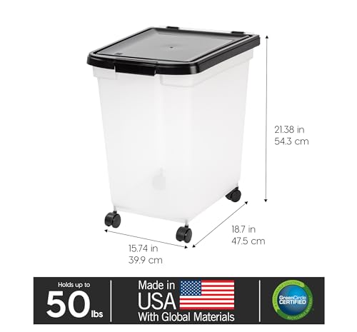 IRIS USA Dog Food Storage Container, Up to 50 lbs, Black, Made in USA | Wheels for Mobility, Airtight Seal, BPA-Free, Best for Bird Seed, Cat food, Cat Litter, Chicken Feed, Pellets - color: Black, size: 50 lbs