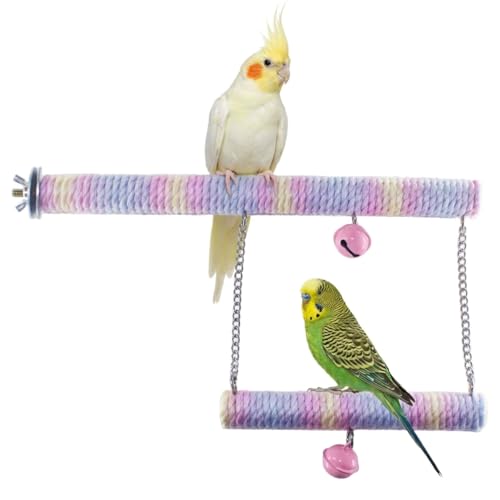 Dual-Layer Bird Swing Perch with Bells Rainbow Cotton Rope Cage Parrot Toy | 10" For Parakeet Conure Cockatiel Mynah Love Birds Finches