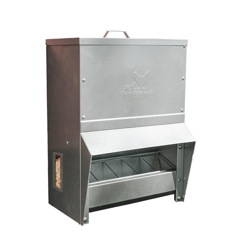RentACoop 25lb Gravity-Fed Metal Trough Feeder with Lid & Rain Cover - size: 25LB Capacity