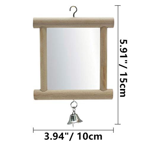 Litewoo Bird Mirror with Bell Parrot Swing Interactive Play Toys, 2PC | Natural wood, with bell, 5.91"x3.94", reduces loneliness, easy hang on cages, for small bird/parakeet/conure/lovebird - color: Bird Mirror with Bell-2PCS