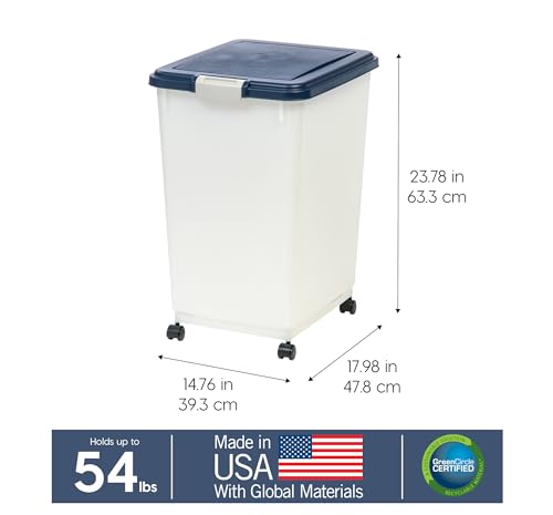 IRIS USA Dog Food Storage Container, Up to 54 lbs, Navy, Made in USA | Wheels for Mobility, Airtight Seal, BPA-Free, Best for Bird Seed, Cat food, Cat Litter, Chicken Feed, Pellets - color: Navy, size: 54 lbs