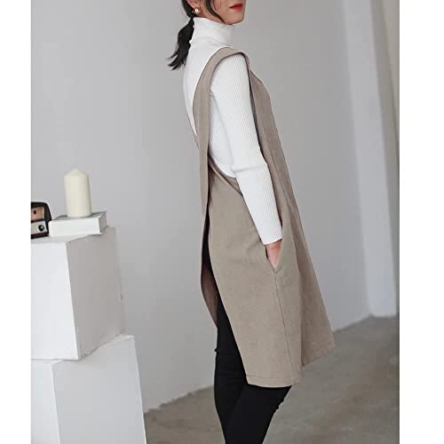 Cotton Linen Japanese Apron Halter Cross Back Bandage X Shape Aprons Two Pockets - color: Khaki