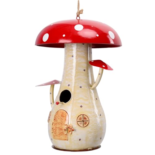 Yinns Metal Mushroom Bird House, Wild Bird Houses Outdoor Garden Decor | 13.8 Inch Big Bird Houses for Outdoors, Decorative Birdhouse for Home Garden Decor for Your Backyard Habitat - color: Red Mushroom