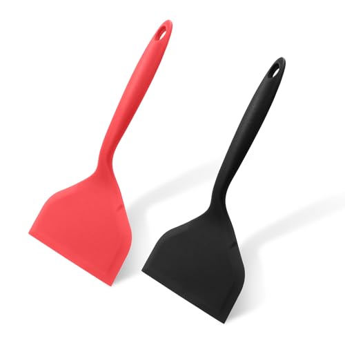 2Pcs Silica Gel Wok Spatula, Black & Red, Style 1 | Wide Pancakes Spatula, Nonstick Heat-Resistant, Pancake Shovel with Short Handle, For Cooking, Baking and Stir-Fry - color: Black & Red,Style 1