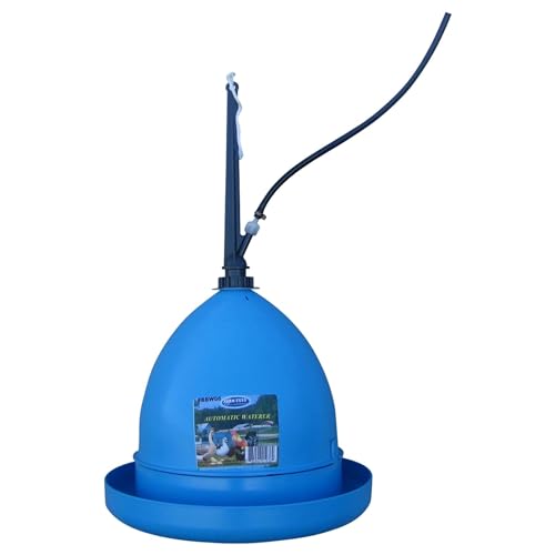 FARM-TUFF Automatic Hanging Poultry Waterer, Blue - Garden Hose Hookup with Hose and Height Adjustment Clip - Durable BPA-Free Plastic Fountain for Ducks, Chickens & Game Birds