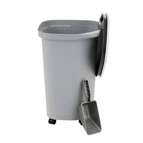 IRIS USA Dog Food Storage Container, Up to 25 lbs, Gray/Dark Gray | Made in USA, Comes with Wheels & 2-Cup Scoop, Airtight Seal, BPA-Free, Bird Seed, Cat food, Cat Litter, Treats, Pellets - color: Gray/Dark Gray, size: 25 lbs