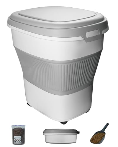 28-30lbs Collapsible Dog Food Storage Container,Airtight Dog Food Container | Pet Food Storage Container with Double Seal Lid,Wheels,Multifunctional for Dog,Cat,Rice,Flour,Scoop &Small Container - color: Grey-30lbs