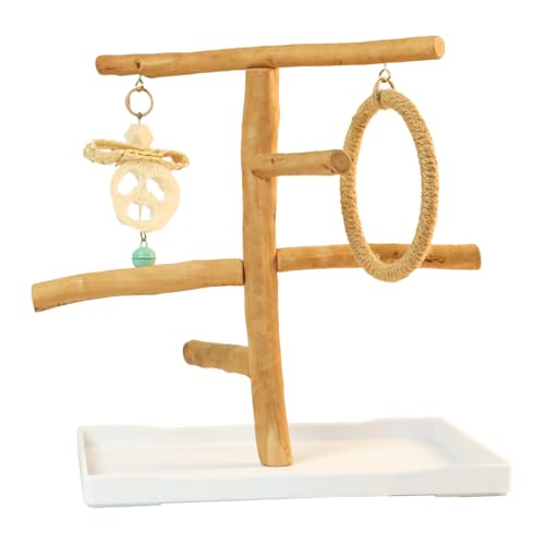 Natural Solid Wood Bird Perch Stand for Small & Medium Birds – Eco-Friendly, Sturdy Parrot Playstand with Hanging Toys & Rope Ring, Safe & Durable Bird Cage Accessory - color: WOOD-A