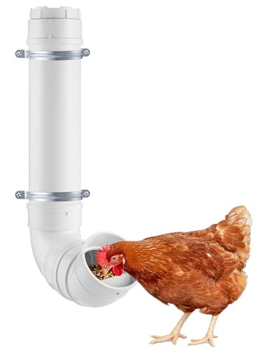 Automatic Chicken Feeder No Waste - 6.6 Pounds Large Capacity Heavy Duty PVC Pipe Hanging Chicken Feeder, Poultry Gravity Feed Port for Chicken Long Feeding - color: White-1 set