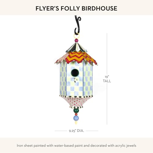 MACKENZIE-CHILDS Metal Birdhouse, Flyer's Folly | Hand-painted design, made from iron, decorative birdhouse and outdoor garden decor, 9.25" dia. x 19" H