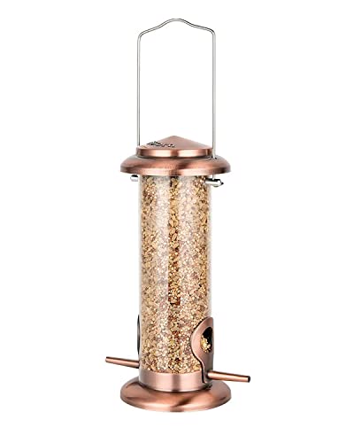 Bird Feeders for Outdoors 9.06" 2 Ports Chew-Resistant, Copper-Plating, 1PK | Metal, Durable Outdoors, Flip-top Easy Refill & Clean, Suits Mixed Seeds, Copper-Plating