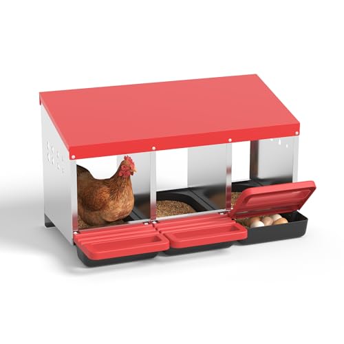 Chicken Nesting Boxes - 3 Hole Metal Nesting Boxes for Chickens, Roll Away Egg Laying Box with Lid, Egg Collection for Chicken Coop, Wall Mounted Nesting Boxes with Vented Holes for Hens, Duck, Red - color: RED, size: 3-Hole