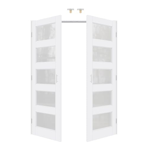 60x80 Interior French Door,5-Lite Frosted Glass Doors,DIY Prehung Room Door | Prefinished & Paintable Double Doors with Ball Catches & Hinges & Handles, Tempered Frosted Glass, Interior Swing Closet Door - color: 5 Panel Frosted Glass, size: 60" x 80"