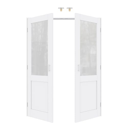 56x80 Interior French Door,Half Frosted Glass Doors,DIY Prehung Room Door | Prefinished & Paintable Double Doors with Ball Catches & Hinges & Handles, Tempered Frosted Glass, Interior Swing Closet Door - color: Half Frosted Glass, size: 56" x 80"