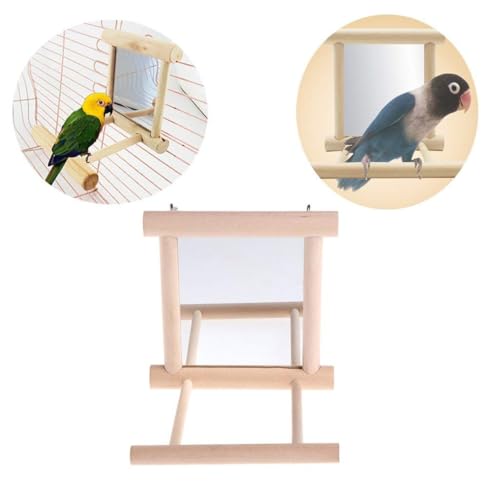 Litewoo Bird Mirror with Perch Parrot Swing Interactive Play Toys, 2 PC | Natural wood, with perch, 3.94"x3.94"x3.94", reduces loneliness, easy hang on cages, for small bird/parakeet/conure/lovebird - color: Bird Mirror Perch Stand-2 PCS