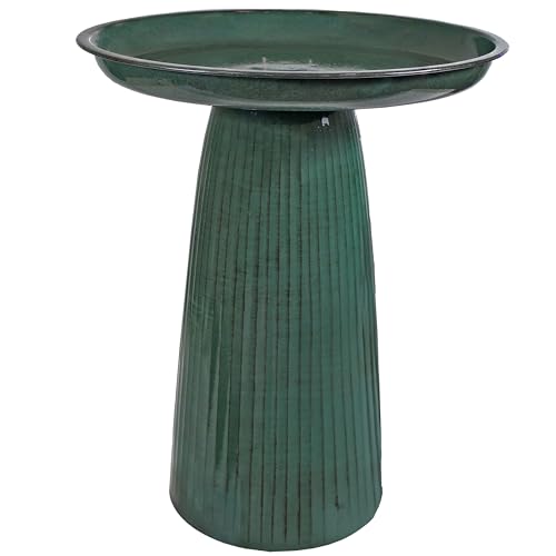 Sunnydaze Modern Bird Bath for Outside, Iron, 23” H, Green Glaze | UV & Rust-Resistant Matte Finish, Durable Iron,1 Gal Water Cap, Outdoor Birdbath for Garden, Pedestal Bird Bath with Bowl - color: Green Glaze