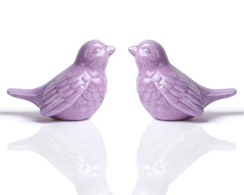 Set of 2 Ceramic Purple Bird Figurines, 3.75 Inch Modern Bird Statues Home Decor, Cute Small Knick Knacks for Shelf, Office, Living Room, Bathroom, Kitchen, Housewarming Gift - color: Purple