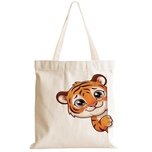 Cartoon Canvas Tote Bag, Gifts for Women Men Birthday Christmas Reusable Tote Shoulder Bag for Grocery Shopping 01 - color: Tiger 486