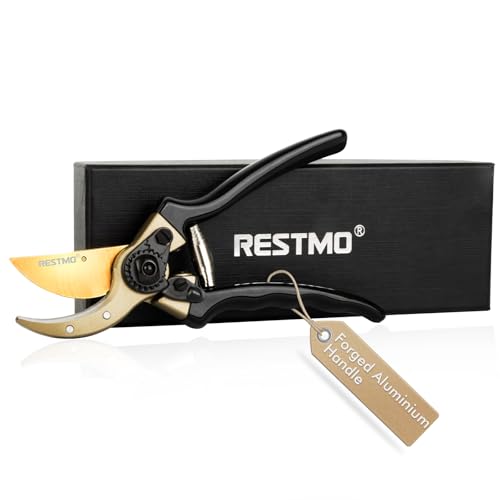 RESTMO Pruning Shears, 8.6 Inch, Titanium Blade, Bypass, Black | Professional garden shears. Premium SKS5 steel blade. Forged aluminum handles. Long-lasting sharpness. For gardening. - size: Garden Pruning Shears（Black）