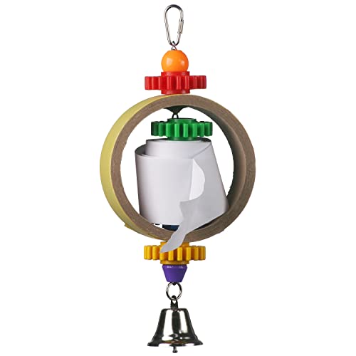 Super Bird Creations SB628 Tape Dispenser Bird Toy - Cardboard Bagel with Machine Paper, Chewable & Shredding Components, Sensory Bell, African Greys Parrots Small Cockatoos, Large Bird Size 14"x5"