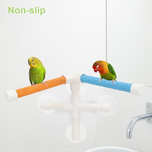 Hypeety Portable Suction Cup Bird Window and Shower Perch Toy Parrot Stand | 3 strong suction cups, parrot bath perch with quartz sand surface, fits windows/tile, for small and medium birds, 2 stands