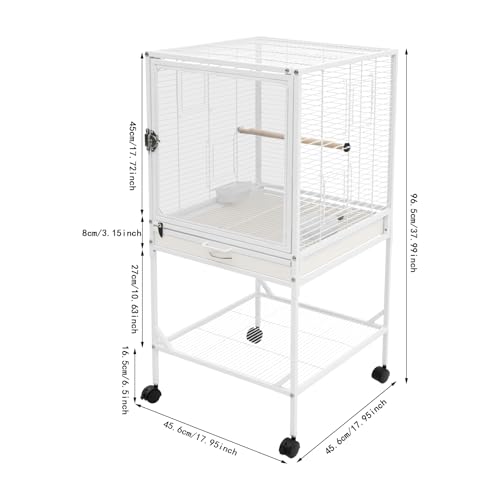 Bird Cage, 17.95 x 17.95 x 38 Inch Mobile Bird Flight Cage Large Metal Parakeet Cage w/Slide-Out Tray & Storage Shelf for Budgerigars Lovebirds Kea Parrots & Sun Conures - color: White, size: 18.0"L x 18.0"W x 38.0"H