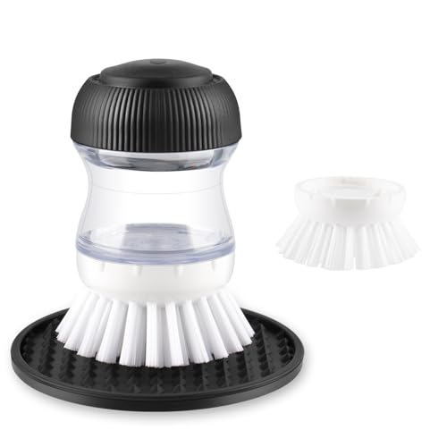 OYV Soap Dispensing Palm Brush Set | Includes Silicone Drip Tray, 1 Refill, Non-Scratch Nylon Bristles, Kitchen Dish Scrub Brush for Cleaning Pots, Pans, Sinks - color: White/Clear/Black