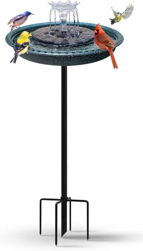 Bird Bath with Solar Fountain, Durable 5-Prong Base Solar Bird Bath with Stable Metal Stake, Detachable Solar Powered Bird Baths for Garden Outdoor Yard Lawn, Spotted Green