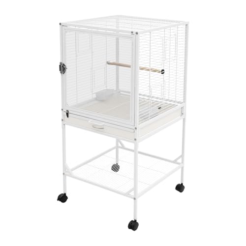 Bird Cage, 17.95 x 17.95 x 38 Inch Mobile Bird Flight Cage Large Metal Parakeet Cage w/Slide-Out Tray & Storage Shelf for Budgerigars Lovebirds Kea Parrots & Sun Conures - color: White, size: 18.0"L x 18.0"W x 38.0"H