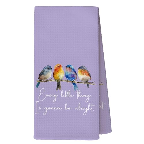 Every Little Thing is Gonna Be Alright Kitchen Towels 16x24 Inch, Sparrow Bird Gifts for Bird Lovers Women, Inspirational Quotes Tea Hand Towels(Purple) - color: Purple