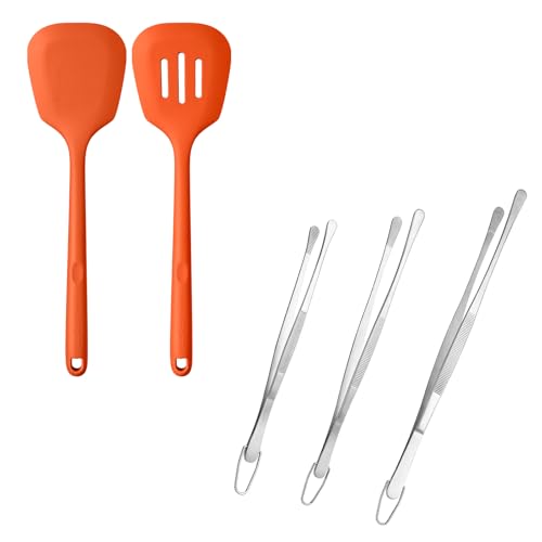 600ºF Heat Resistant Silicone Turners: U-Taste 13.6in Long Solid & Slotted Kitchen Spatula Flipper (Orange, 2PCS) and 8"+10"+12" Kitchen Cooking Tweezer: 18/8 Stainless Steel, Round Tip