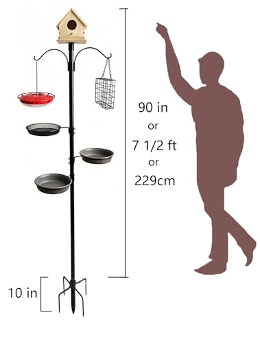 5 Feeders + 1 Birdhouse Bird Feeding Station 90" Height 1" Diameter Outdoor Stand with 5-Prong Base Attract Wildbird to Yard Garden Patio