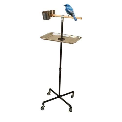Stainless Steel Tray Bowls Bird Perch Stand,with Wheels Parrot Stand,Parrot Perch Stand 2 Stainless Steel Cups,Bird Play Stand for Indoor Outdoor(Black