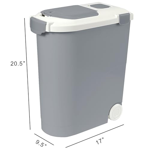 Ashfield & Harkness Airtight Pet Food Storage Container, Holds 30lbs | Grey BPA-free HDPE bin with silicone seal, measuring scoop on lid, snap latch - fits dogs, cats & more - color: Grey, size: 30 lbs