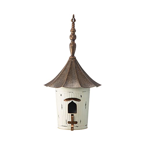 Glitzhome 29.75”H Metal Hanging Birdhouse for Outdoors Oversized Farmhouse Pagoda Painted Bird House with Bronze Roof for Bluebird Wren Chickadee Sparrow Bird Nest Box for Garden Patio, Washed White - color: Washed White