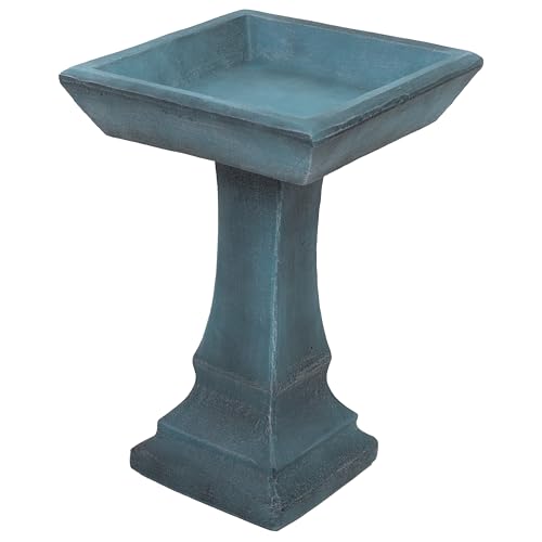 Sunnydaze Square Concrete Bird Bath for Outdoors, 23” H, Patina Green | Glass Fiber Reinforced Concrete, Easy Assembly, Bird Bath Bowl Holds ½ Gal of Water, Heavy-Duty Cement Bird Bath for Outside - color: Patina Green
