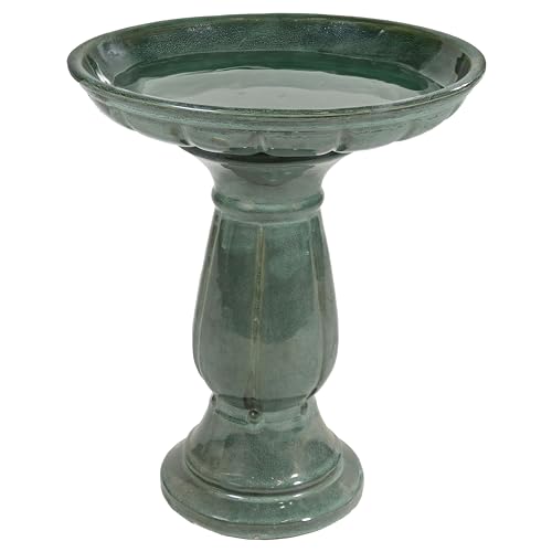 Sunnydaze Ceramic Bird Bath for Outdoors, 18” H, Green Mist | UV-Resistant, Glazed Finish, Pedestal Bird Bath Holds Up to 10 Cups of Water, Easy Assembly, Sturdy Bird Bath for Outside - style: Green Mist Glaze