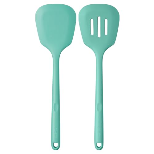 U-Taste 600ºF Heat Resistant Silicone Turners: 13.6in Long Solid & Slotted Kitchen Spatula Flipper, Wide and Large Flexible Cooking Utensil for Flipping Egg, Pancake, Cookie (Aqua Sky, 2PCS) | 600ºF Heat Resistant Food Grade Silicone Cooking Utensils Set,