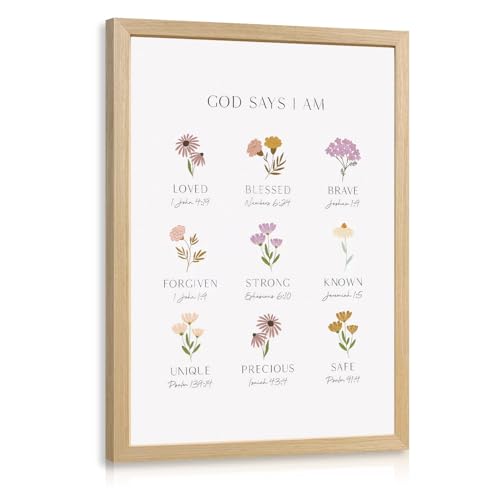 RLKHG Wood Framed God Says I Am Wall Art, Christian Scripture Nursery Wall Decor, Inspirational Bible Verse Poster Print, Floral Religious Faith Artwork for Baby Room Girls Bedroom 16x24 Inch - color: Floral, size: 24"L x 16"W