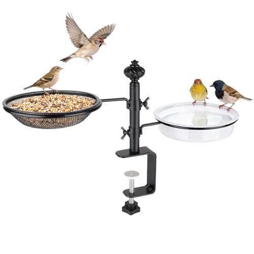 Deck Bird Feeders with Metal Tray and Water Bowl, Heavy Duty, Black | Balcony Bird Feeders, Detachable Clamp Bracket, Easy to Install & Clean, Attracting Wild Birds, Gifts for Women Men Mom Dad - style: 2 Trays