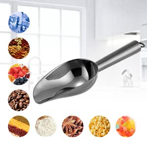 6 Ounce Ice Scoop Set of 2, E-far Platinum Black Stainless Steel Small Scoops for Ice Cube/Candy/Flour/Sugar, Metal Utility Scoops for Canisters, Baking, Kitchen Pantry, Rust Free - color: Black