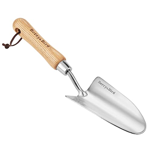 Berry&Bird Stainless Steel Trowel, Garden Small Flower Hand Shovel, Potting Soils Scoop with Wood Handle, Gardening Bonsai Tools for Transplanting Digging Weeding Planting | Stainless steel blade ergonomic wood grip & hanging loop. trowel for digging, wee