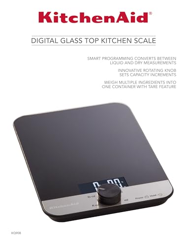 KitchenAid KQ908 Glass Surface 11 Pound Capacity Digital Kitchen and Food Scale, Scale for Food Ounces and Grams, Dry and Liquid Ingredients, Black - color: Black, size: 11 lb