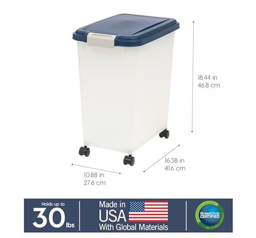 IRIS USA Dog Food Storage Container, Up to 30 lbs, Navy/Pearl, Made in USA | Wheels for Mobility, Airtight Seal, BPA-Free, Best for Bird Seed, Cat food, Cat Litter, Chicken Feed, Pellets - color: Navy/Pearl, size: 30 lbs