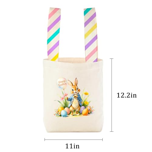 Easter Basket Bunny Canvas Tote Bag, 12.2x11 Inches, Natural Canvas, Hand-Carry, for Gift and Easter Egg Collection - color: A-blue