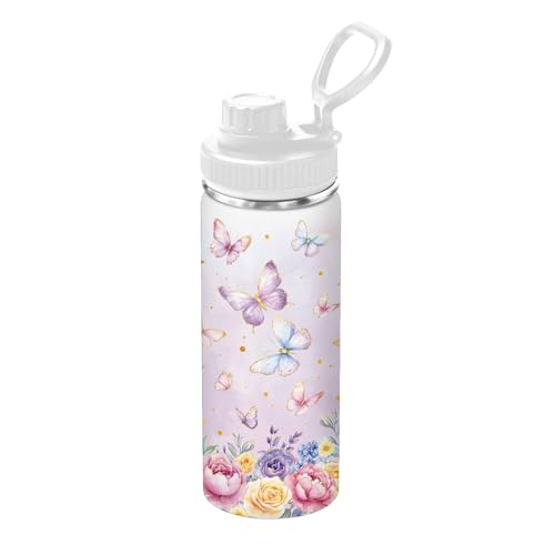 Butterfly 18oz Water Bottle, 2 Lids Handle, Insulated Travel Cup | 18oz Stainless Steel Sport Tumbler, Reusable Leak proof Anti Slip Boot Mug, Christmas Birthday Gift for Son Daughter - color: Butterfly