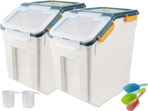 50LB Large Flour Storage Container Bin,2 Pack Airtight Plastic with Wheels Seal Locking Lid Dispenser Organizer Bin with Measuring Cup & Scoop for Flour, Rice, Grain 100LBS Total Capacity(Blue) - color: Blue/50lbs,2counts