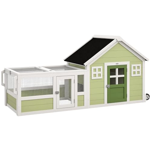 PawHut Rabbit Hutch with Asphalt Roof, Handle, Wheels, 64 Inch Multicolor | Outdoor Rabbit Cage or Guinea Pig Cage, Wooden Bunny Cage, for Rabbits, Chickens, Ducks, Small Animals, Quail Hutch