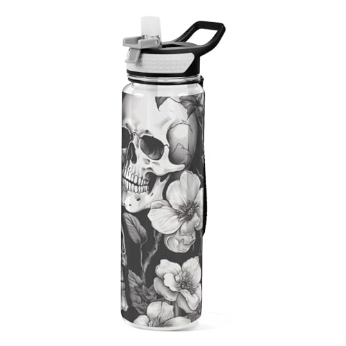 White Skull 32 oz Water Bottle - Clear Tritan, BPA-Free, LeakProof with Carry Strap for Sports, Gym & Outdoor Activities - color: C109