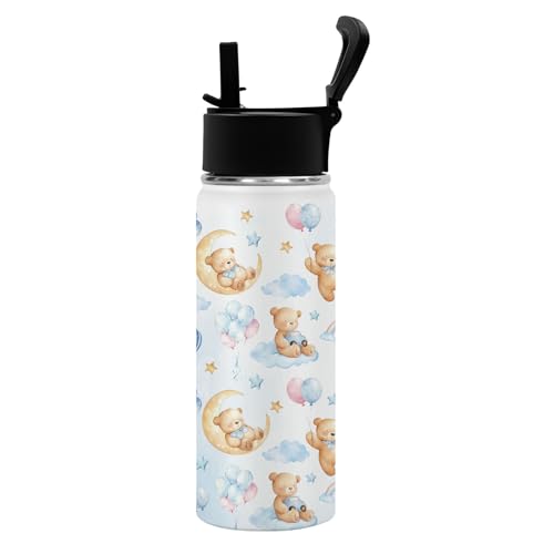 Bear 18oz Water Bottle, with 2 Lids Handle, Insulated Travel Cup | 18oz Stainless Steel Sports Tumbler,Reusable Leak proof Anti Slip Boot Mug, Christmas Birthday Gift for Son Daughter - color: TeddyBear